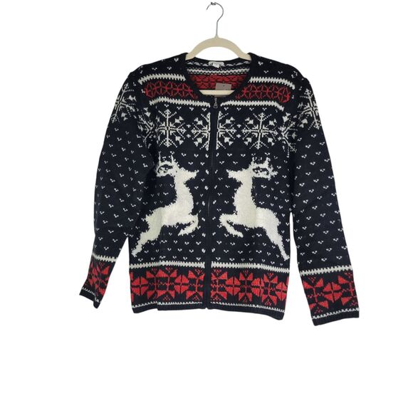 J.Jill Sweater Womens Size Small Black White Red Christmas Reindeer Full Zip NEW - Picture 1 of 6